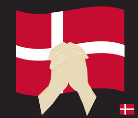 Praying hands with  The Kingdom of Denmark  National Flag , Pray for Denmark concept, Save Denmark, cartoon graphic, sign symbol background, vector illustration. - obrazy, fototapety, plakaty