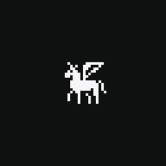 Unicorn Character pixel art icon, minimalist style, design for logo, web, sticker, mobile app, isolated black and white vector illustration. Game assets 8-bit sprite.