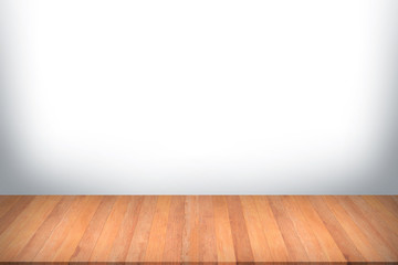 Wood table top on white background. Used for product placement or montage.	