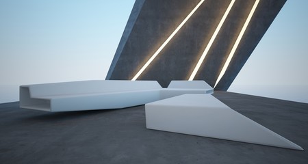 Abstract architectural concrete interior of a modern villa on the sea with swimming pool and neon lighting. 3D illustration and rendering.