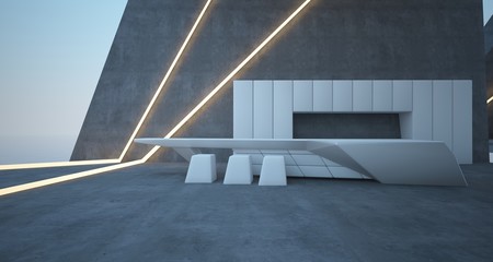 Abstract architectural concrete interior of a modern villa on the sea with swimming pool and neon lighting. 3D illustration and rendering.