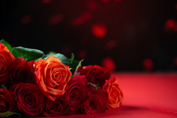 Romantic red roses on a red background with hearts, Valentine's day, love and romance, wedding background