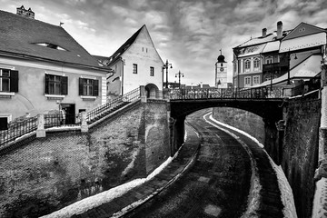 Fototapeta na wymiar Sibiu Romania Transilvania Liars Bridge Black and White Photography