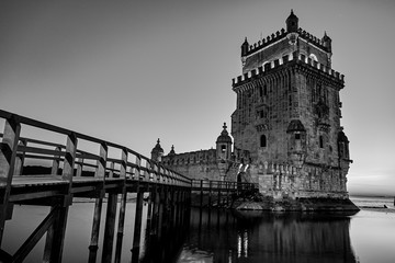 Fototapeta premium Lisbon Portugal Torre de Belem Tower Sunset Black and White Photography