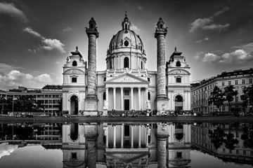 Karlskirche in Vienna, Austria at Sunset. St. Charles's Church Black and White Photography