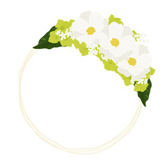 white cosmos and green hydrangea flowers bouquet with golden frame wreath for wedding, mother's day or birthday