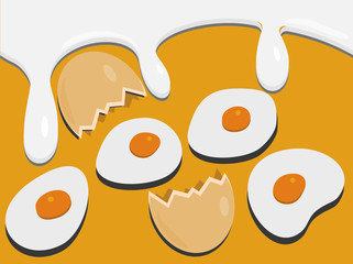 Illustration of Fried Eggs with White and Egg Shells on Yellow Background