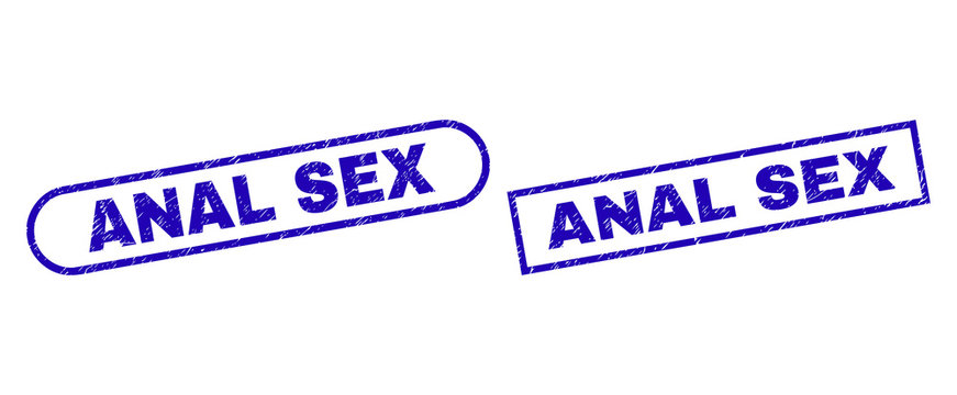 Blue rectangle and rounded ANAL SEX watermark. Flat vector grunge seals with ANAL SEX title inside rectangle frame and rounded rectangle frames. Watermark with grunge texture, on a white background.