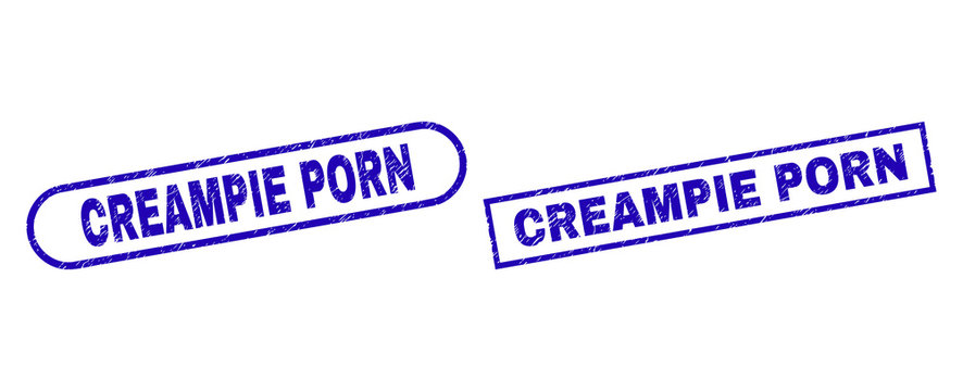 Blue rectangle and rounded CREAMPIE PORN seal. Flat vector grunge seal stamps with CREAMPIE PORN title inside rectangle frame and rounded rectangle frames. Rubber imitation with unclean surface,