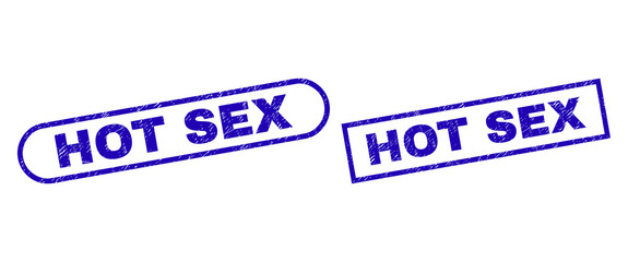Blue rectangle and rounded HOT SEX seal stamp. Flat vector scratched seal stamps with HOT SEX message inside rectangle frame and rounded rectangle frames. Rubber imitation with unclean texture,