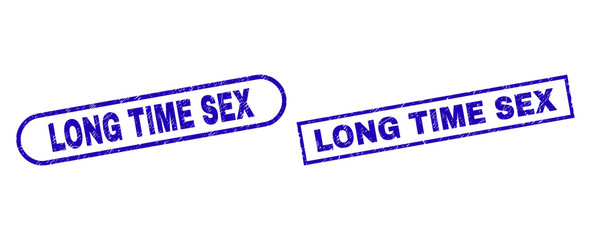 Blue rectangle and rounded LONG TIME SEX watermark. Flat vector scratched seals with LONG TIME SEX title inside rectangle frame and rounded rectangle frames. Watermark with distress surface,