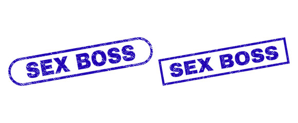 Blue rectangle and rounded SEX BOSS seal. Flat vector grunge seals with SEX BOSS text inside rectangle frame and rounded rectangle frames. Watermark with grunge style, on a white background.