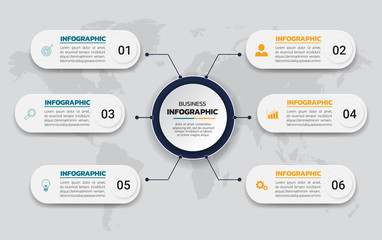 Infographics template 6 options, business data visualization, can be used for workflow layout, diagram, website, corporate report, advertising, marketing. vector illustration.
