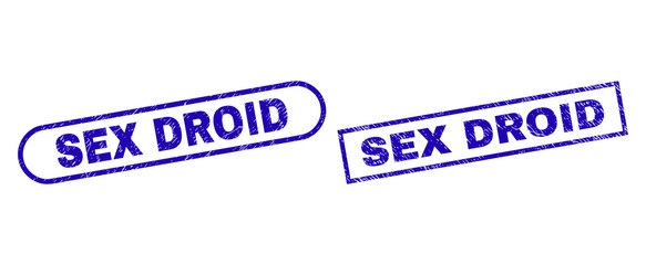 Blue rectangle and rounded SEX DROID seal stamp. Flat vector textured seal stamps with SEX DROID message inside rectangle frame and rounded rectangle frames. Imprint with grunged texture,