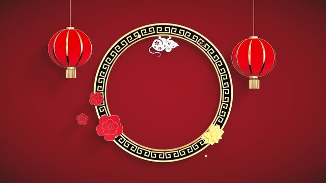 3D animation loop of Chinese Happy new year pop up in the middle of frame and rat running around in the circle that have plum and peach blossom around it.