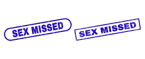 Blue rectangle and rounded SEX MISSED seal. Flat vector distress seal stamps with SEX MISSED text inside rectangle frame and rounded rectangle frames. Watermark with distress style,