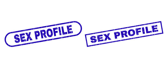 Blue rectangle and rounded SEX PROFILE seal. Flat vector distress stamps with SEX PROFILE message inside rectangle frame and rounded rectangle frames. Imprint with distress surface,