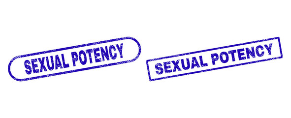 Blue rectangle and rounded SEXUAL POTENCY seal stamp. Flat vector textured seal stamps with SEXUAL POTENCY caption inside rectangle frame and rounded rectangle frames.