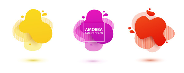 Amoeba liquid design. Dynamical colored forms of amoeba. Modern banner template for logo, flyer, presentation design. Yellow, red, blue colors.