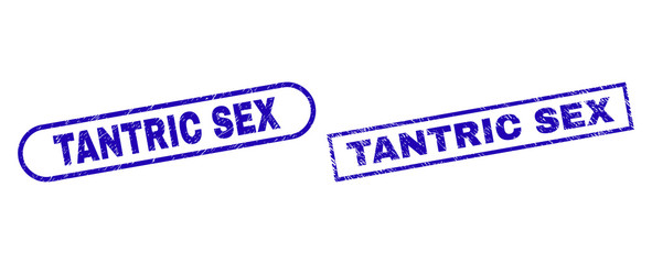 Blue rectangle and rounded TANTRIC SEX stamp. Flat vector distress watermarks with TANTRIC SEX caption inside rectangle frame and rounded rectangle frames. Rubber imitation with distress style,