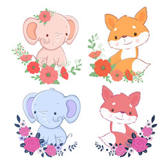 Cute cartoon set of elephant and fox with flowers. Vector illustration