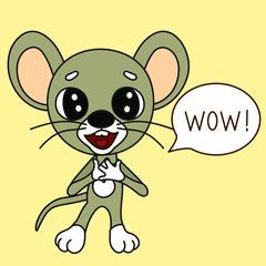 Emoticon with a funny enthusiastic mouse, who stands with a cheerful look, clutching his hands to his chest, and says Wow, color clip art on a beige isolated background