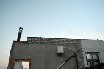 A wall of an old abandoned ruined brick house. Ukraine