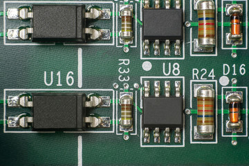Scheme of soldered elements. Transistors, resistors, capacitors
