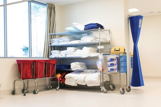 Hospital Corner Where Linen Is Stocked On Shelf.