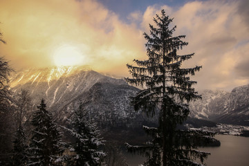 Beautiful Winter View of Hallstatt Austria with dramatic sky and clouds