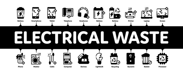 Electrical Waste Minimal Infographic Web Banner Vector. Broken Electrical Cord And Battery, Phone And Earphones, Dynamic And Laptop Concept Illustrations