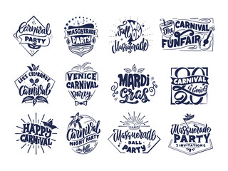 Carnival collection emblems, labels,  badges, logos, stamps, phrases, lettering compositions. Big set of Festival 