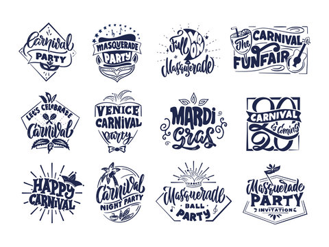 Carnival collection emblems, labels,  badges, logos, stamps, phrases, lettering compositions. Big set of Festival 
