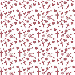 Vector vintage seamless pattern on white background with cute elements heart shape key, cross eps10