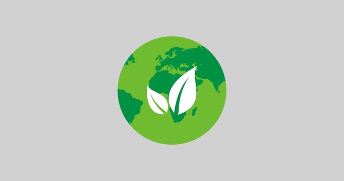 Animated flat leaf and world. Nature, pollution, recycling, clean energy. Useful for social media, interfaces, motion graphics, websites etc. No backgroud. (Alpha channel).