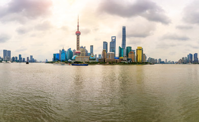 Sunset beautiful city skyline and river panorama in Shanghai