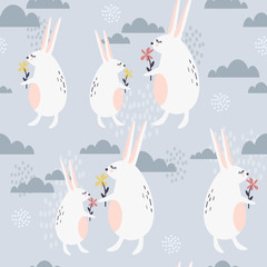 Bunnies, flowers and clouds hand drawn backdrop. Colorful seamless pattern with animals. Decorative cute wallpaper, good for printing. Overlapping background vector. Design illustration, rabbits