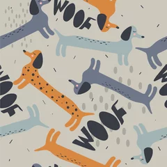 Wallpaper murals Dogs Happy dogs, hand drawn backdrop. Colorful seamless pattern with animals. Decorative cute wallpaper, good for printing. Overlapping background vector. Design illustration, dachshunds