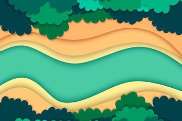 Fototapeta premium Top view of green forest canopy,river and clouds background.Nature and environment conservation creative idea concept of paper art style.Vector illustration.