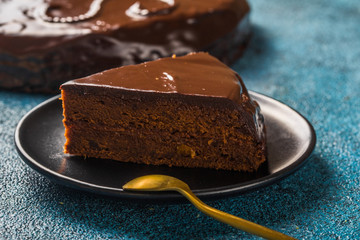 cake slice. Traditional Austrian chocolate dessert. Homemade baking. Selective focus, close-up.