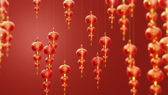 Chinese new year red paper latern decoration moving on red background. Focus and defocus. Chinese new year festive background. Loop 4K animation.