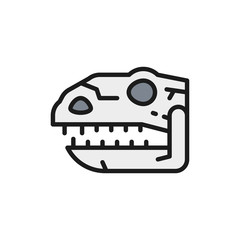 Tyrannosaurus skull, t-rex head, dinosaur bones flat color line icon.