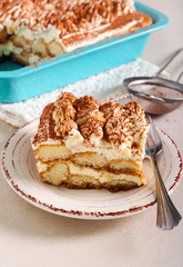 Homemade tiramisu cake, served