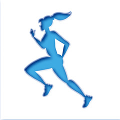 Fototapeta na wymiar Blue shape young lady running. Happy fitness woman in paper cut style. Woman runner in silhouette on white background. Jogging. Dynamic movement. Side view.