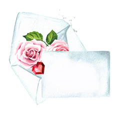 Valentines Envelope with rose flowers, Heart and blank letter with copy space