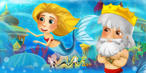 Cartoon ocean and the mermaid princess in underwater kingdom swimming and having fun - illustration for children