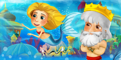 Naklejka premium Cartoon ocean and the mermaid princess in underwater kingdom swimming and having fun - illustration for children