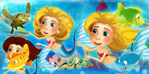 Fototapeta na wymiar Cartoon ocean and the mermaid in underwater kingdom swimming with fishes and having fun - illustration for children