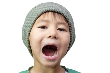 Boy in winter hats isolated on white background