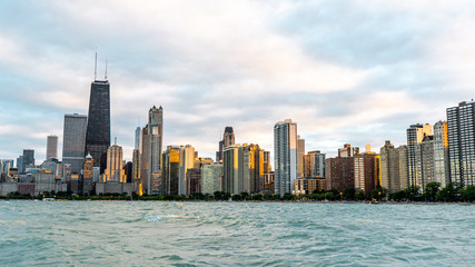 Fototapeta premium Panoramic view of Chicago waterfront during sunset times from North avenue beach in Chicago , Illinois , United States of America